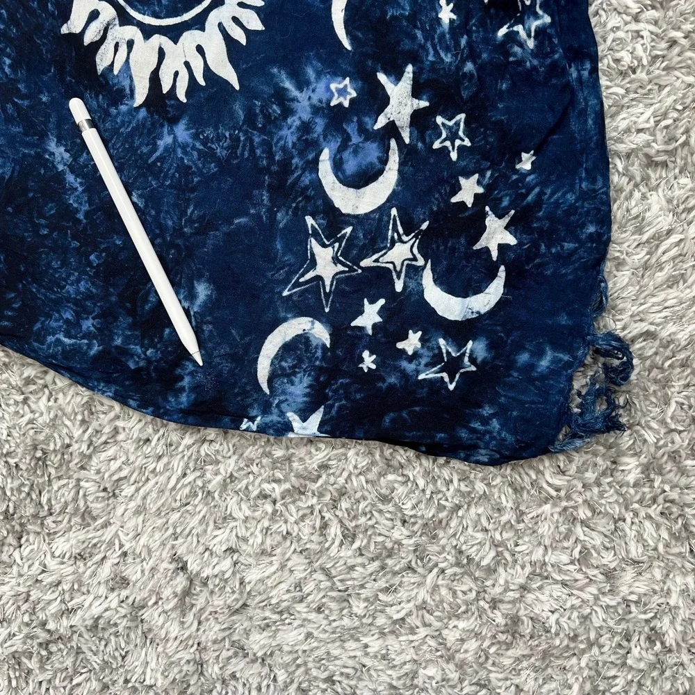 Beach Wrap Sarong Tie Dye Fringe BATIK Rayon Blue White Scarf Tapestry Celestial